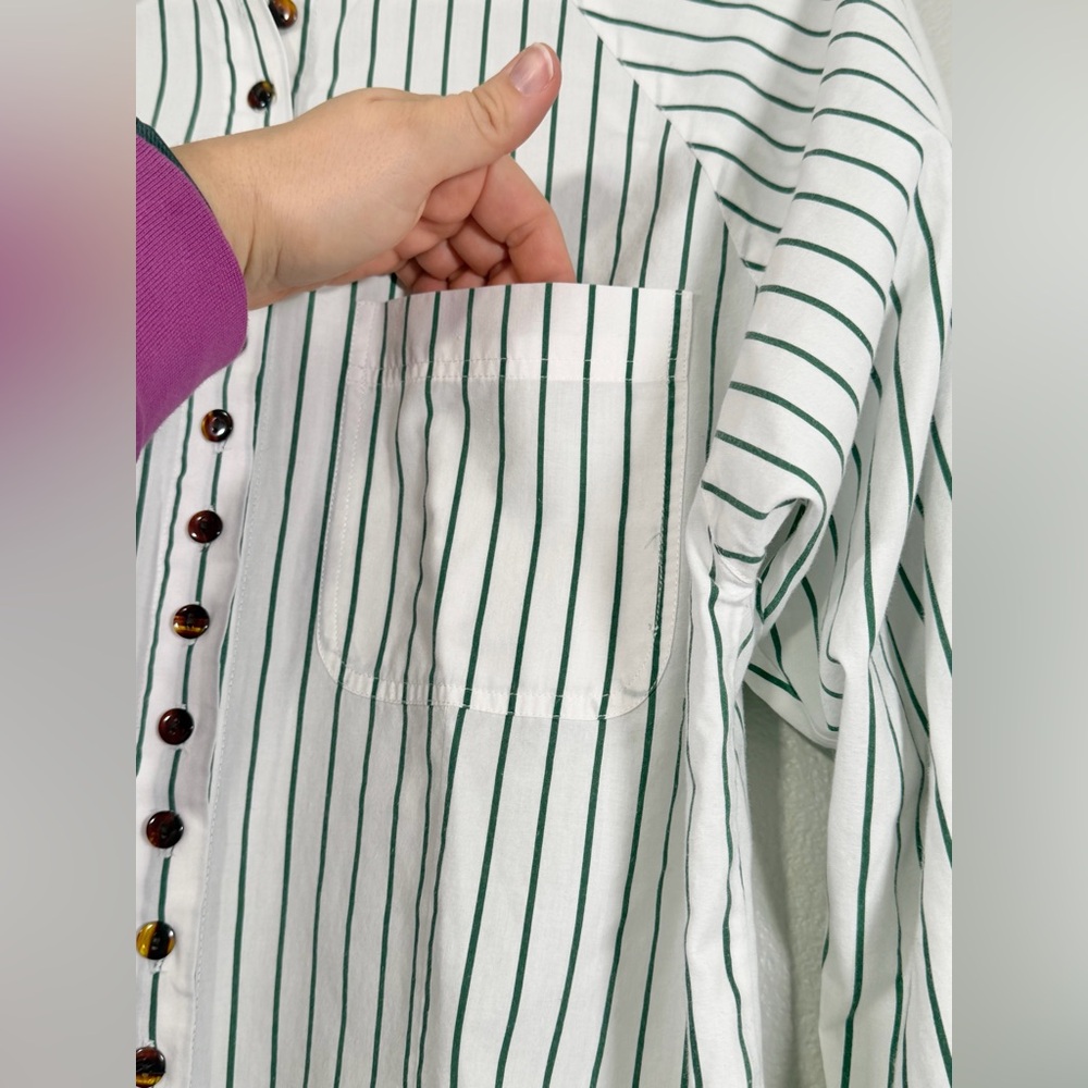 Picket and Post Shirt Button Down Green Stripe Brown Button Christmas Women 12 - Picture 4 of 6